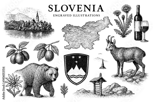 Unique engraved illustration capturing the essence of Slovenia through nature, wildlife, and local culture with a vintage flair