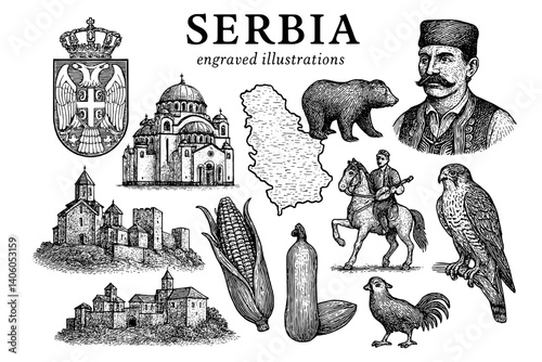 Engraved illustrations celebrating Serbian culture and heritage with intricate designs showcasing fauna, agriculture, and historical figures