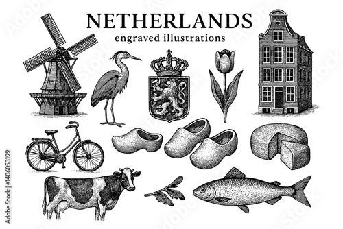 Engraved illustration of quintessential Dutch symbols showcasing the culture and heritage of the Netherlands