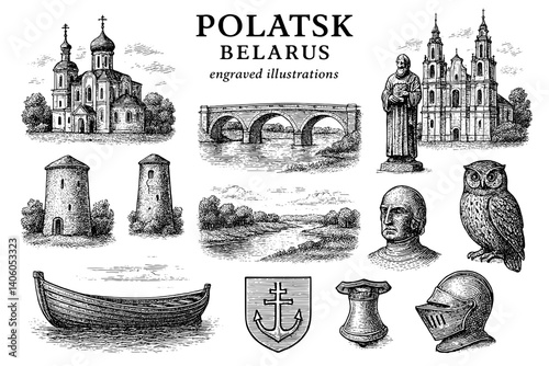 Engraved illustrations capturing the historical essence of Polatsk, Belarus with intricate details and unique designs