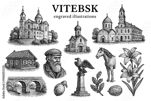 Engraved illustrations showcasing the cultural heritage and architecture of Vitebsk in a timeless artistic style