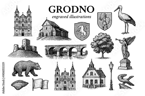 Engraved illustrations capturing the charm and heritage of Grodno in a stunning white and black design