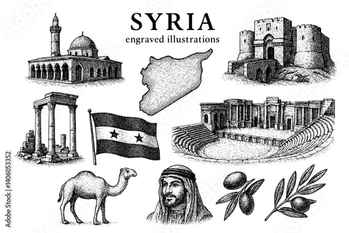 Engraved illustrations capture the rich heritage and cultural landmarks of Syria through intricate designs on a transparent background