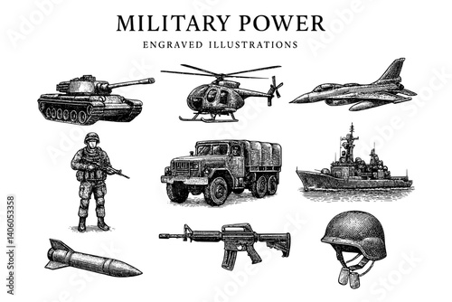 Military power illustrated through engraved art showcasing diverse equipment and personnel in a timeless design