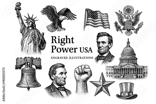 Celebrating American Heritage with Engraved Illustrations of Icons and Symbols