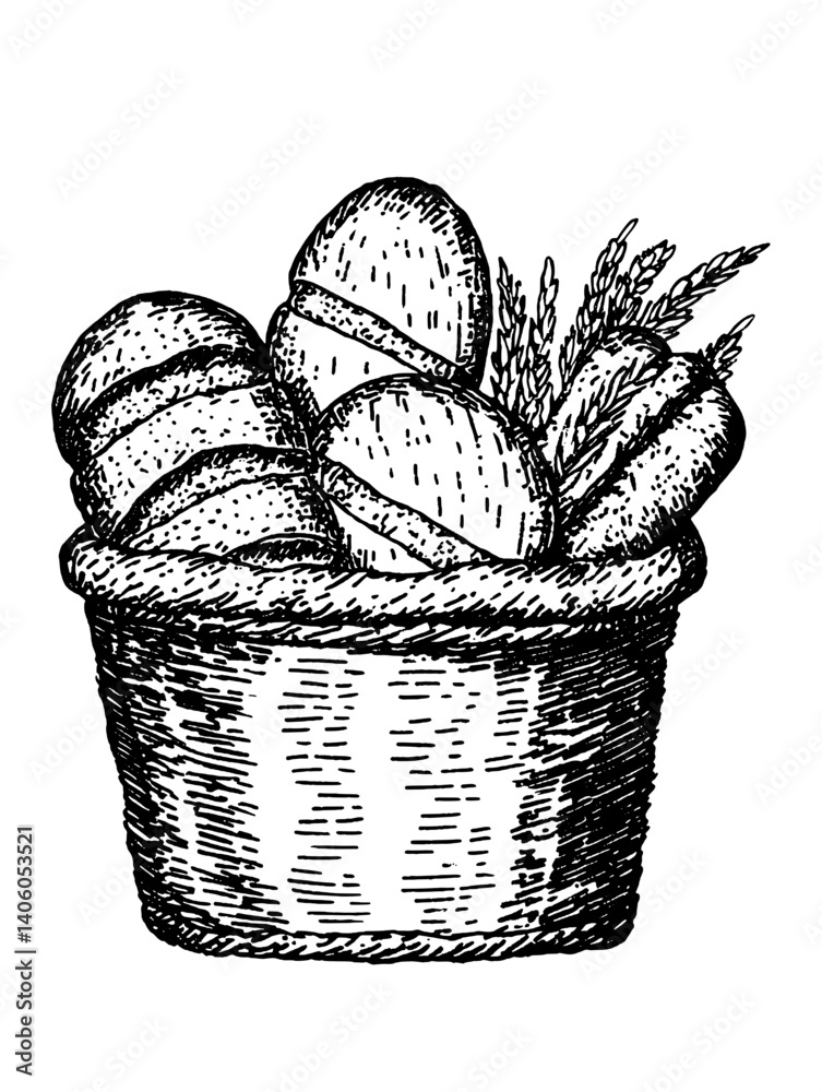 Obraz premium Delightful assortment of freshly baked bread rolls and wheat in an engraved basket illustration