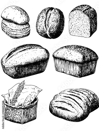 Engraved illustration of various bread types showcasing traditional baking artistry and craftsmanship with a timeless quality