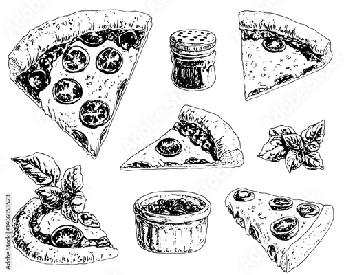 Engraved illustration of pizza slices with toppings and ingredients showcasing delectable culinary artistry