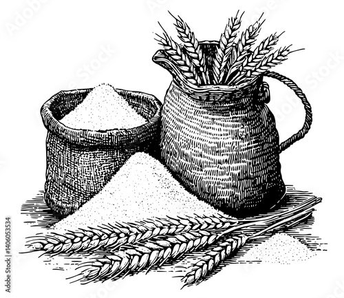 Harvested grains and flour displayed in rustic baskets and a pitcher showcasing traditional agricultural practices