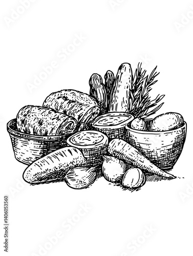 Engraved illustration of a bountiful vegetable harvest displayed on a rustic wooden table
