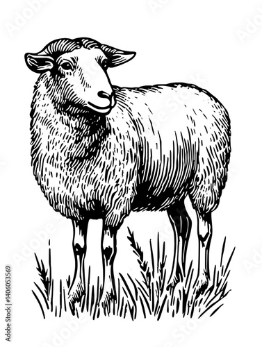 Engraved illustration of a sheep grazing in a lush meadow under a bright sky with detailed texture and artistic flair