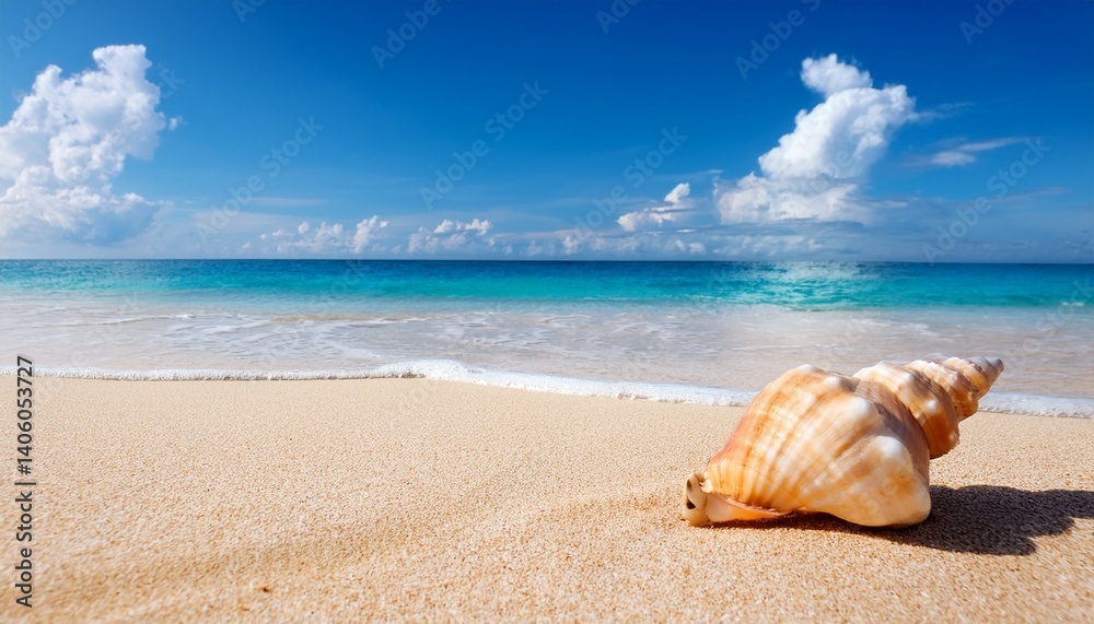 secluded tropical beach with a seashell resting on warm sand and vibrant blue sky secluded tropical beach with a seashell resting on warm sand and vibrant blue sky