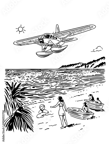 Seaplane flying over a serene beach with happy beachgoers enjoying the sun and waves during a beautiful summer day