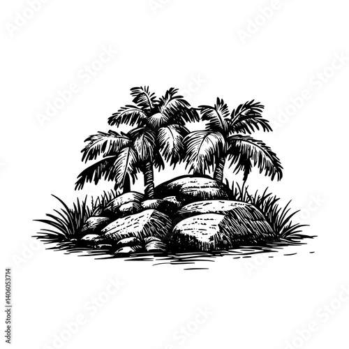 Tropical oasis with palm trees and rocky landscape, perfect for relaxing and enjoying nature's beauty