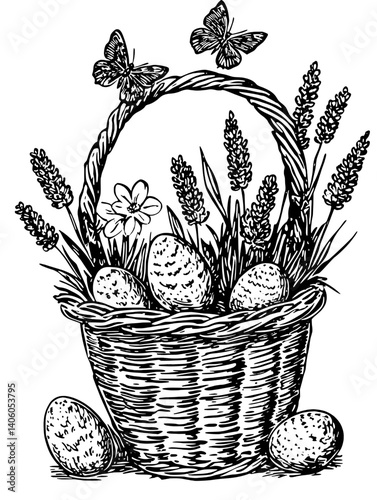 Springtime basket filled with decorated eggs and blooming flowers beneath fluttering butterflies in a whimsical illustration