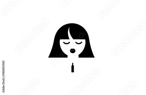 Elegant black and white vector engraving of a serene woman enjoying a moment of tranquility with a bottle in hand