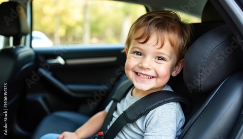 Cheerful boy seated in car seat with safety belt. Little kid looks at camera and smiles. Child safety in vehicle during travel. Happy childhood. Transportation safety concept.