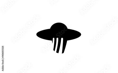Engraved illustration of a mysterious UFO soaring above with smooth lines and transparent backdrop