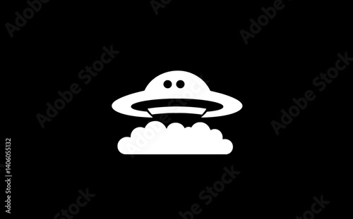 UFO hovering above clouds in a whimsical engraved style with black and white contrast on a transparent background