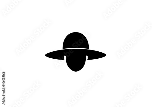 Unique black and white engraved illustration of an abstract figure with an elongated oval shape and a wide hat-like form