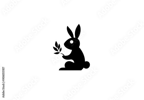 Elegant engraving of a rabbit holding a leaf on a transparent background, showcasing a serene moment in nature