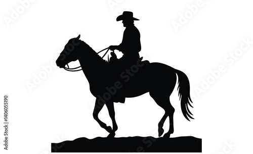 Cowboy riding horse, Lasso rope silhouette, Western rodeo illustration, Horse rider silhouette, Cowboy western scene