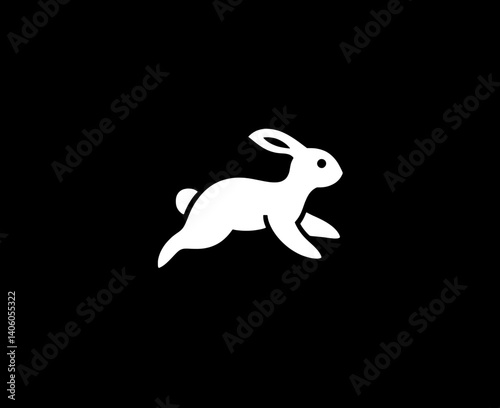 Elegant white rabbit leaping gracefully across a dark canvas in a finely engraved vector illustration