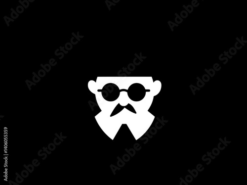 Stylized engraved illustration of a wise character wearing glasses and a classy mustache in a minimalist black and white design