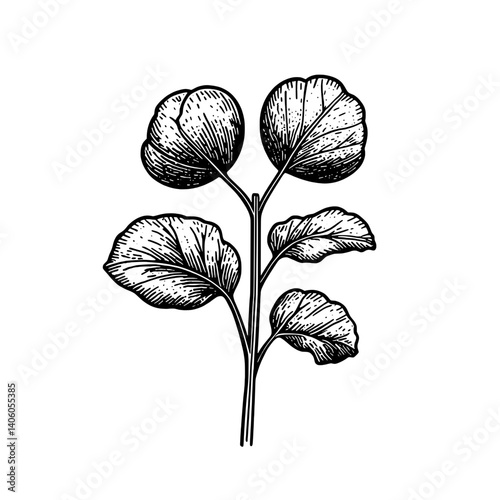 Elegant engraved illustration of a botanical composition showcasing lush leaves with intricate details against a transparent background