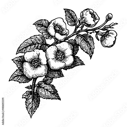 Delicate engraved floral illustration featuring intricate blooms and leaves with a transparent background