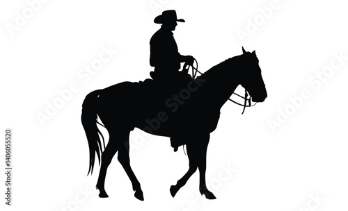 Cowboy riding horse, Lasso rope silhouette, Western rodeo illustration, Horse rider silhouette, Cowboy western scene