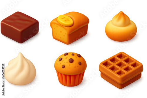 3D icon set of gluten-free treats: flourless brownie, almond cookie, GF banana bread, coconut macaron, meringue, rice cake, GF muffin, buckwheat waffle. 3d icon. icons set of 3d style in a modern
