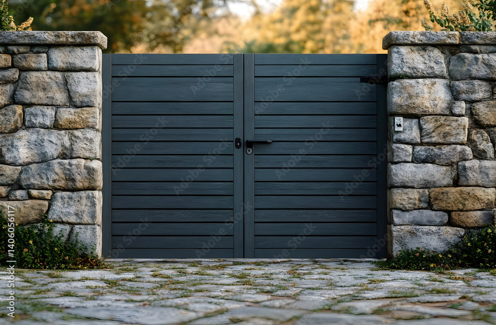 Wide automatic sliding gate made of planks with remote control, installed in high stone fence wall. Security, protection, privacy concept for automated property. Modern, electrical design, closed