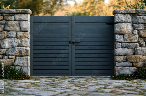 Obraz na płótnie Wide automatic sliding gate made of planks with remote control, installed in high stone fence wall. Security, protection, privacy concept for automated property. Modern, electrical design, closed w salonie