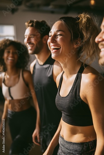 Group of happy and fit people in sportswear at the gym