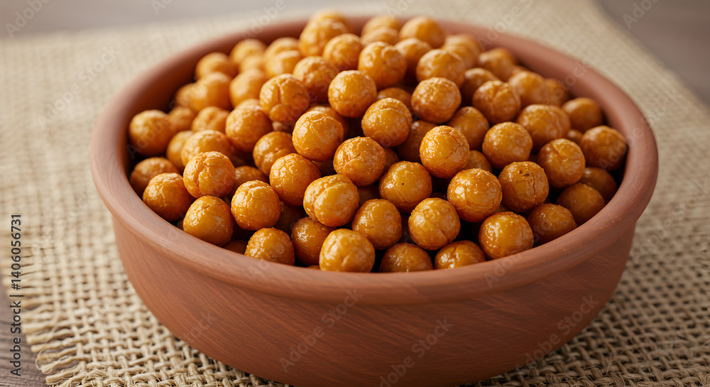 Roasted chickpeas in clay bowl on burlap mat, healthy snack idea Roasted chickpeas in clay bowl on burlap mat, healthy snack idea
