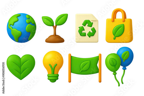 3D icon set of earth day celebration: earth globe, sapling, recycled paper, reusable tote, heart leaf, light bulb icon, parade banner, eco balloons. 3d icon. icons set of 3d style in a modern design.