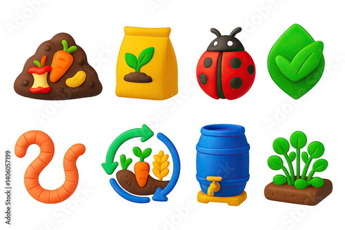 3D icon set of organic farming: compost pile, natural fertilizer, ladybug, organic label, earthworm, crop rotation chart, rain barrel, cover crop. 3d icon. icons set of 3d style in a modern design.