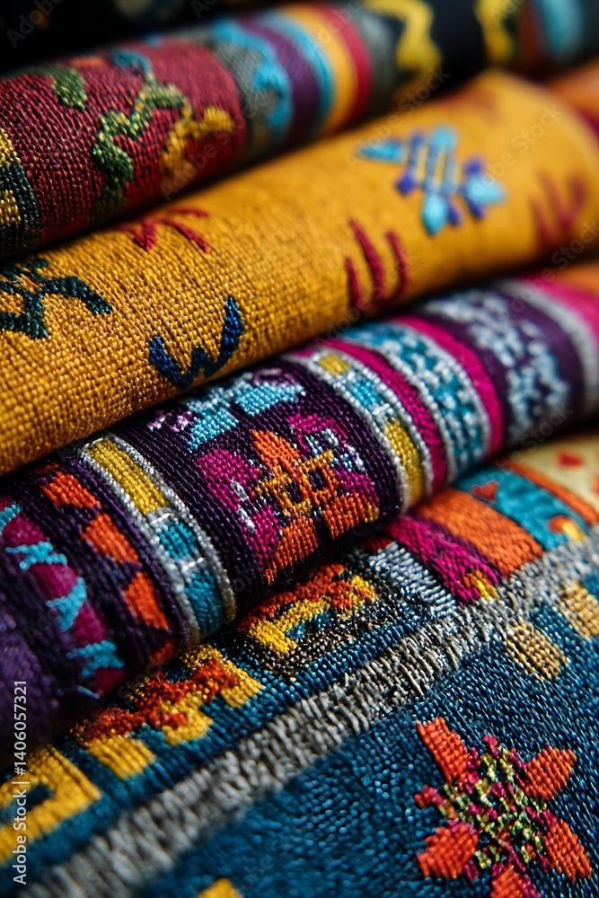Fototapeta premium A vibrant pile of colorful textiles with intricate patterns