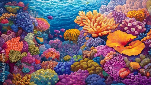 Fototapeta Naklejka Na Ścianę i Meble -  Vibrant coral reef ecosystem with tessellated patterns shaped by marine movement