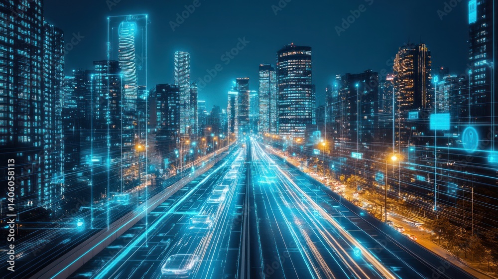 Fototapeta premium A futuristic city skyline with glowing buildings and holographic vehicles moving between skyscrapers in a digital world.