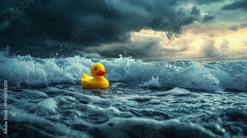 A yellow rubber ducky floating on the ocean waves under a dramatic cloudy sky at sunset or sunrise