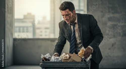 Disheveled man in a suit sifting through trash, conveying feelings of desperation and loss, with a city skyline visible in the background
