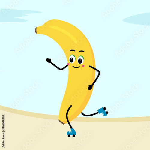 A cute, strong banana. The concept of classes in the gym with the image of banana, health, fitness. Vector illustration in flat style.
