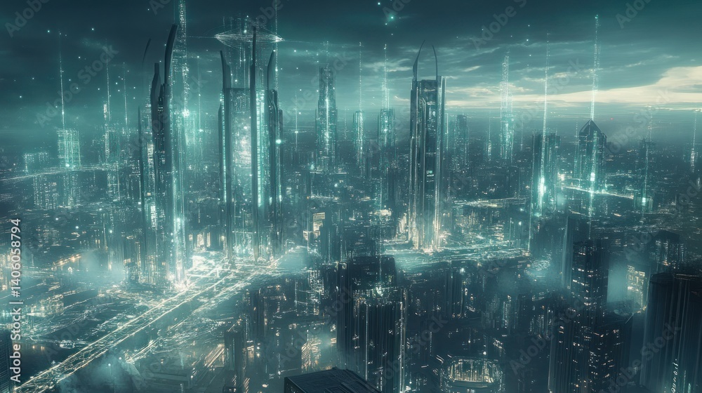 Fototapeta premium A futuristic city skyline with interconnected glowing digital networks, showcasing the integration of modern technology in urban planning