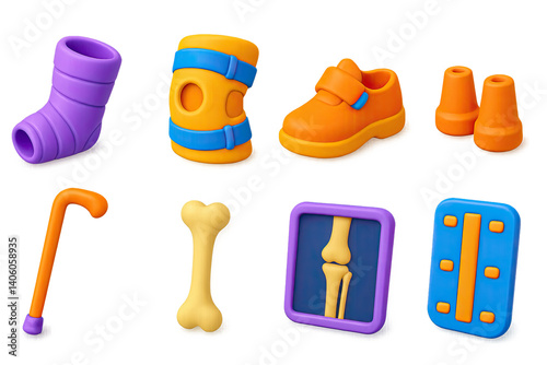 3D icon set of orthopedic tools: cast, brace, orthopedic shoe, walking cane, crutch tips, splint, bone model, X-ray of limb. 3d icon. icons set of 3d style in a modern design. Isolated