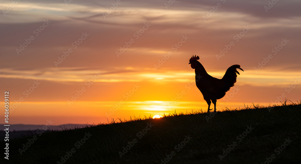 Fototapeta premium Rooster silhouette against vibrant sunset sky on grassy knoll