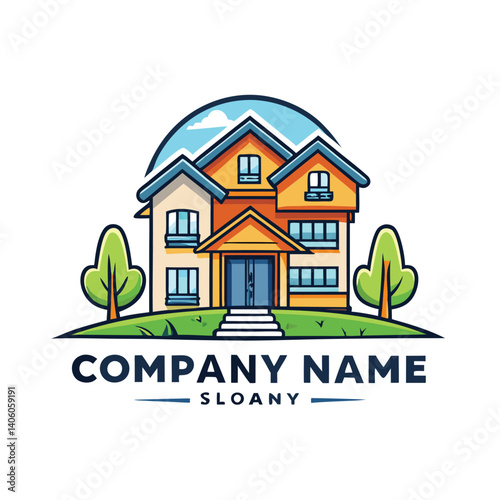 Colorful house logo with landscaping