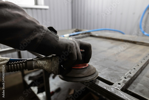 Obraz na płótnie A worker's gloved hand uses a power sander to smooth the joints of a metal frame on a workbench in a workshop. w salonie