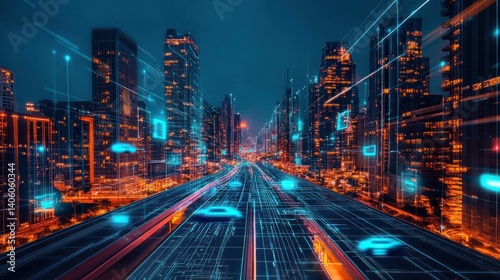 A futuristic city with holographic vehicles zipping between skyscrapers and glowing digital infrastructure across the landscape.